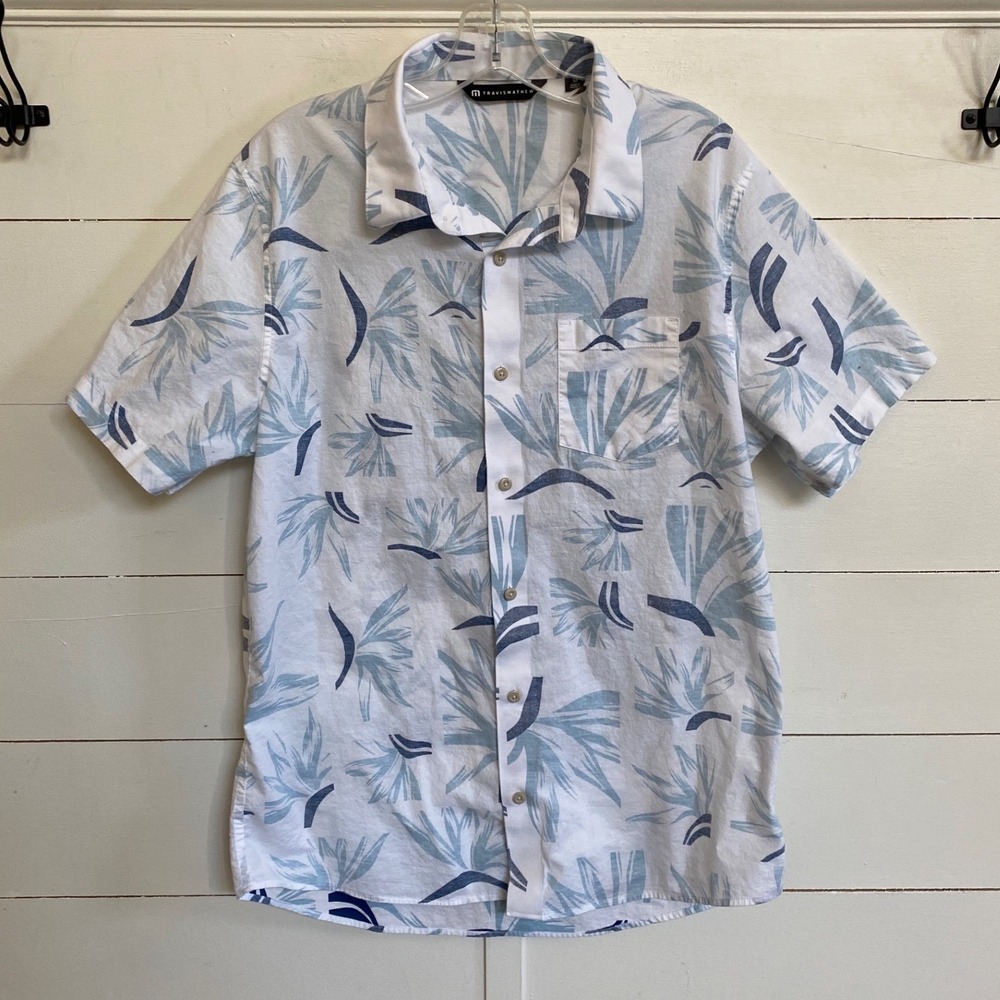 TravisMathew Mens Short Sleeve Button Down Tropical Print Shirt White Blue M - Picture 7 of 13